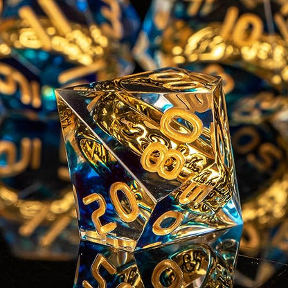 OUKELANWO Magic Lord Rings DND Dice Set with Box, 7Pcs Resin LOTR D&D Dice Set for Role Playing Game, Blue Gold Dungeons Dragons D and D Sharp Edge Dice D20 D12 D10 D8 D6 D4 - color: Blue