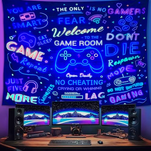 ARTCREATOR Black Light Gaming Tapestry, Welcome To The Game Room Sign For Gaming Room Wall Decor For Boys, Cool UV Reactive Tapestries Gaming Wall Decor for Bedroom (59" x 78") - color: colours, size: 78"L x 59"W