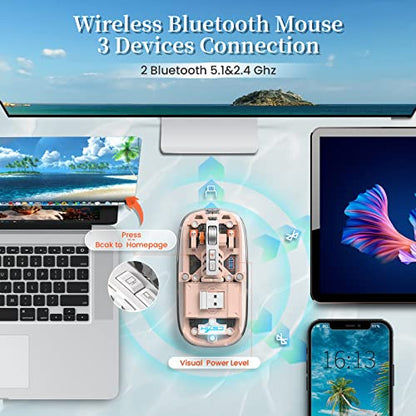 A.JAZZ Wireless Bluetooth5.1&2.4G Mini Lightweight Mouse,Transparent Clear Cool,Rechargeable Silent Computer Mice,Nano USB C Receiver,LED Battery Magic Silm for Office/PC/Mac/Laptop/Apple/ipad(Pink) - color: Pink