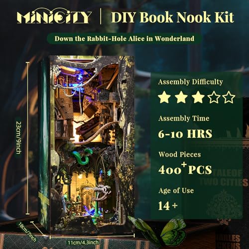 MiniCity Down the Rabbit Hole Book Nook Kit, DIY 3D Wooden Puzzle with LED | 7.1 x 4.3 x 9.1 in; 400 pieces, LED and dust cover; glue/tools and guide included; 8-10 hr DIY build for display, ages 14+. - style: Down The Rabbit-Hole Alice in Wonderland