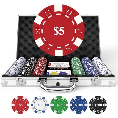 HEITOK 300pc Poker Chip Set 11.5g Iron Core Denominations Texas Holdem | 2-8 players, numbered values 1/5/25/100/500, aluminum case, cards, dice, dealer/small/big blind buttons, Blackjack - size: 300 numbered chips set