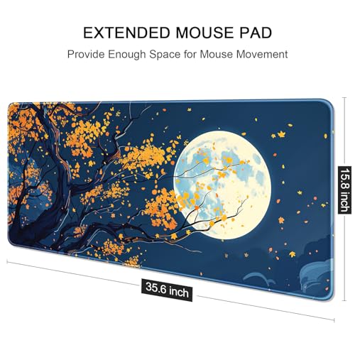 Auhoahsil Large Gaming Mouse Pad, Nature Theme XXL 35.4 x 15.7 in Desk Pad Stitched Non-Slip Rubber Long Computer Mousepad Thin Extended Full Size Desk Mat for Desktop Laptop Wireless Mice, Maple - color: 29 Maple Moon, size: 35.5L x 15.7W inches