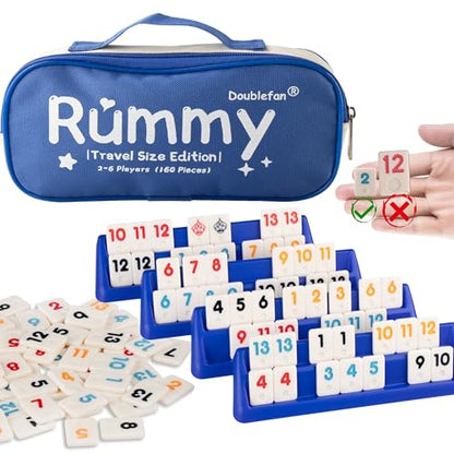 Doublefan Mini Rummy Cube Game, Mini Size Rummy Set with Portable Canvas Bag, Small Travel Board Game for Adult and Kids,160 Tiles, 6 Playing Rack, 1 Dice (2-6 Players) - style: Mini Size (2-6 Player)