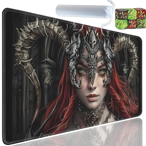 Playmat for MTG, 24x14 Inches Playmats, for TCG and CCG Trading Card Game Mat, Non-Slip Rubber for MTG Playmats with A Storage Bag and 6 Dice Set, Queen of Darkness Black - color: Yu-Playmat-1-A23