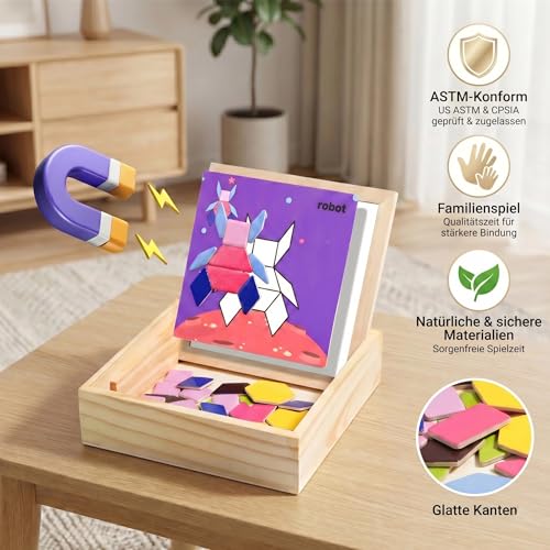 Magnetic Pattern Blocks Wooden Geometric Shape Puzzle Toy for Kids Toddlers Age 3-8 Montessori STEM Learning Educational Game 75Pcs Tangram with Storage Box Travel Gift Classroom Whiteboard