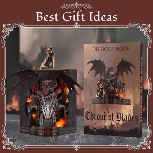 MiniCity Book Nook Kit - DIY Miniature House Kit for Adults and Teens, Dollhouse Booknook Tiny House Model Build Bookshelf Decor, Gifts for Family, Friends (Throne of Blade) | Create a dragon king throne for display; LED lighting, glue/tools and guide inc