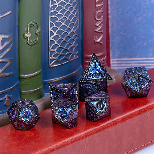 UDIXI Metal DND Dice Set Polyhedral Metal Dice Set for D&D (Purple Sequins) | 7-Pieces, Dragon Carved, Chain-edge Design, Metal Gift Box, DM Gift, for Dungeons and Dragons Role Playing Games - color: Chain Frame-black With Purple Sequins