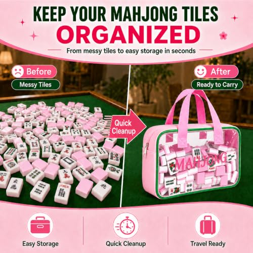Empty Mahjong Tile Bag American Clear Mahjong Case with Zipper | PVC Mahjong Bag Storage 166 Tiles Waterproof Holder with Handles Letters Printed for Game Days Gift Travel Pink Case Only - color: Pink