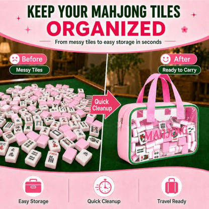 Empty Mahjong Tile Bag American Clear Mahjong Case with Zipper | PVC Mahjong Bag Storage 166 Tiles Waterproof Holder with Handles Letters Printed for Game Days Gift Travel Pink Case Only - color: Pink