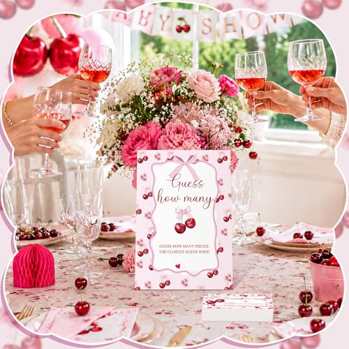 Cherry Bow Guess How Many Baby Shower Game Pack of 1 Tabletop Sign with Stand and 50 How Many Cards, Coquette Cherry Gender Reveal Party Game Decorations - style: Cherry Bow