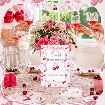 Cherry Bow Guess How Many Baby Shower Game Pack of 1 Tabletop Sign with Stand and 50 How Many Cards, Coquette Cherry Gender Reveal Party Game Decorations - style: Cherry Bow