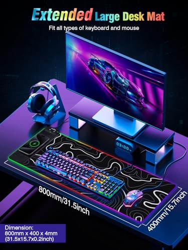 Wireless Charging RGB Gaming Mouse Pad, 31.5"x15.7" XXL Large Desk Mat | Desk Pad for Gamer, 9 Light Modes, Non-Slip Rubber Base, Waterproof Computer Keyboard Mat, Black and Topographic Line - color: Black-white Topographic Line