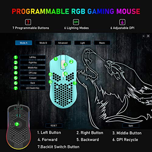 ZIYOU LANG Wired Lightweight Gaming Mouse,6 RGB Backlit Mouse with 7 Buttons Programmable Driver,6400DPI Computer Mouse,Ultralight Honeycomb Shell Ultraweave Cable for PC Gamers,PS4(Green)