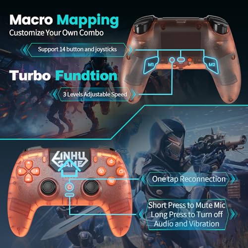 citnh Wireless Controller for PS-5/Pro/Slim/PC, with Transparent Shell/RGB Tape Light/Hall Effect Joyticks and Trigger/Macro/Turbo/3.5mm Audio Jack/Speaker and Mic/1500 mAh Large Battery Gamepad (Orange)