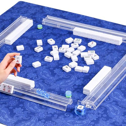American Mahjong Game Set, 166 White Tiles, 4 Transparent All-in-One Rack/Pushers, Complete Mahjong Tile Set, Blue-Red Printed Carrying Bag - color: Blue-red
