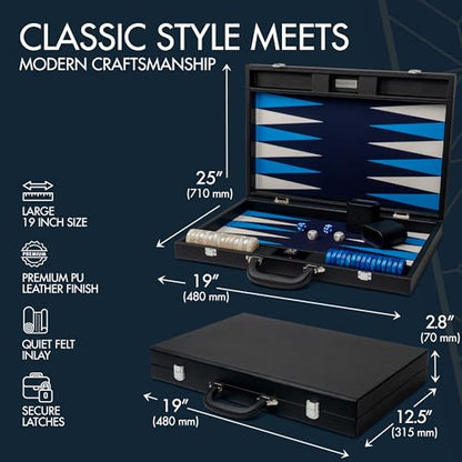 Pointworks 19 Inch Premium Backgammon Sets for Adults Leather Black - Blue. Premium 1.6 Inch Checkers & Dice Set, Travel Backgammon Set, Large, Backgammon Board Game, Backgammon Game Set - color: Black Case - Blue Field