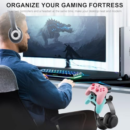 3-in-1 PC Gaming Headphone & Controller Holder for Desk - Headphone Hanger with Adjustable Clamp & Rotating Arm, Under Desk Controller & Switch Stand - Black