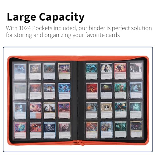 Snekdy premium 1024-pocket trading card binder, Card Albums 16 pockets, waterproof PU-leather Cover album with side loading, holds gaming, baseball (Orange) - color: Orange