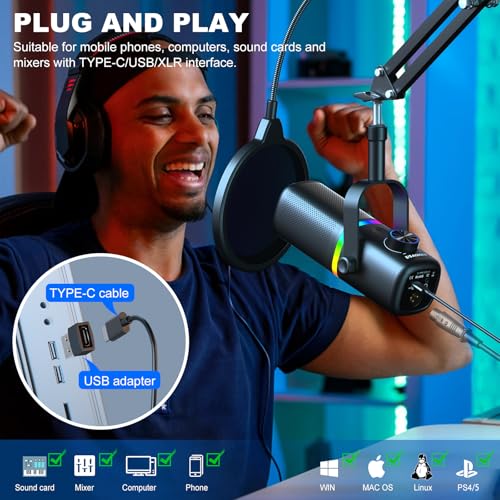 AK-10 USB Gaming Microphone Wtih AK-35 Arm, Condenser Microphone for PC/MAC/PS4/PS5/Phone-Cardioid Mic with RGB Lighting - color: Metallic