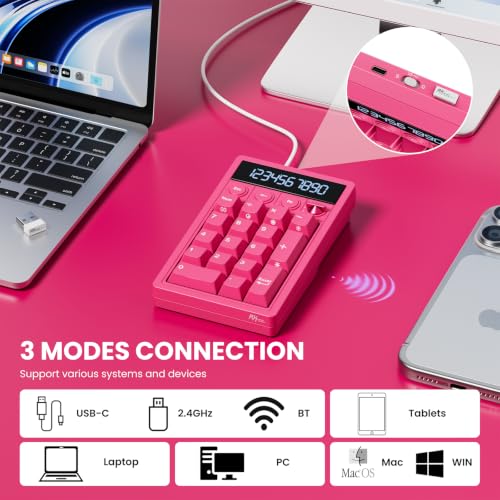 RK ROYAL KLUDGE M20 Wireless Number Pad, Mechanical Numpad with LCD Display, PC Numpad & Calculator Modes, Programmable Numeric Keypad, Bluetooth/2.4G/Wired, RGB Hot-Swappable for Win/Mac - color: Cherry