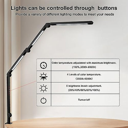 LED Desk Lamp with Clamp & Flexible Arm - 3 Light Sources, 4 Color Modes & 5 Brightness Levels, Eye-Caring Table Light with Memory Function - color: Black-4j3D