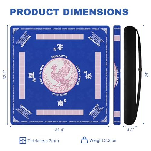 Blue Mahjong Mat(32.4"x32.4") with Black Carrying Bag, Rubber American Mahjong Table Cover, Non-Slip Noise Reduction Gaming Mat for Poker/Cards/Board Games/Tile Games, 3 Colors(Blue/Red/Green) - color: Cl-blue