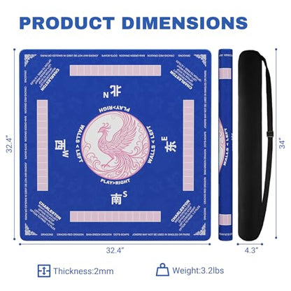 Blue Mahjong Mat(32.4"x32.4") with Black Carrying Bag, Rubber American Mahjong Table Cover, Non-Slip Noise Reduction Gaming Mat for Poker/Cards/Board Games/Tile Games, 3 Colors(Blue/Red/Green) - color: Cl-blue