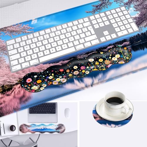 Large Mouse Pad and Keyboard Wrist Rest, Desk Pad for Keyboard and Mouse, 4-in-1 Large Gaming Mouse Pad with Wrist Support, Desk Mat for Home Office Study Game,Cherry Blossoms in The Lake - color: Cherry Blossoms in the Lake