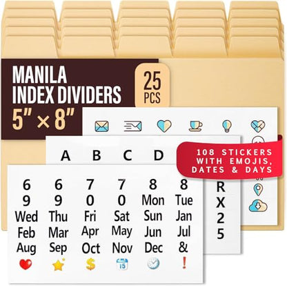 25 Heavyweight Manila Index Card Box Dividers with Tabs & 108 Stickers, Alphabetical File Dividers for 5x8 Index Card Box - color: 25 Pcs, size: 5 x 8 Inches