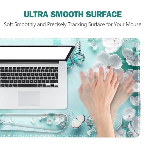 ToLuLu Large Mouse Pad Desk Pad, Wrist Rest Desk Mat for Keyboard and Mouse | 4PCS 35.4”x15.7" XXL Giant Mouse Pad, Non-Slip Base Stitched Edges Mousepad for Home Office, Teal Butterfly - color: Teal Butterfly