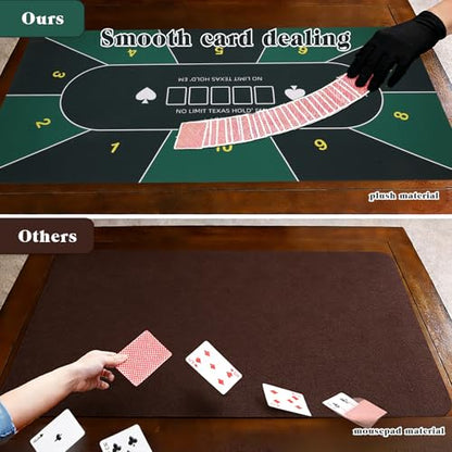 Poker Table Top Mat 70"x35" Blackjack Poker Mat with Non Slip Rubber Backing and Carry Bag for Home Poker Card Game Night Up to 10 Players (Green) - color: Green