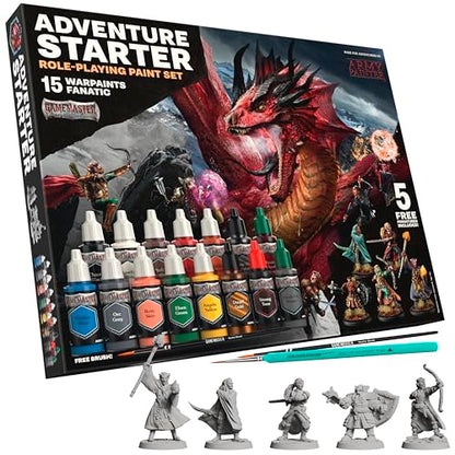 The Army Painter GameMaster: Adventure Starter Role-Playing Paint Set Combo, 15 x 18 mL Warpaints Fanatic Acrylic Paints, incl. a Brush-On Primer, 5 x 32 mm Miniatures & 2 Brushes - for Warhammer & D&D | Warpaints Fanatic Acrylic Paints Incl. 1 base paint