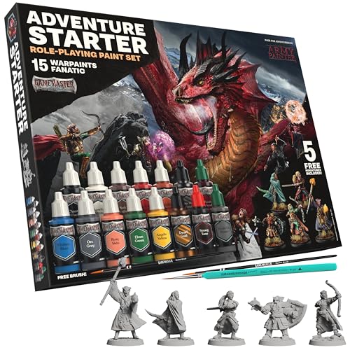 The Army Painter GameMaster: Adventure Starter Role-Playing Paint Set Combo, 15 x 18 mL Warpaints Fanatic Acrylic Paints, incl. a Brush-On Primer, 5 x 32 mm Miniatures & 2 Brushes - for Warhammer & D&D | Warpaints Fanatic Acrylic Paints Incl. 1 base paint