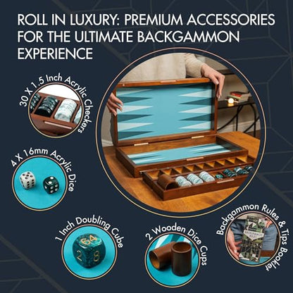 Pointworks 20 Inch Large Backgammon Sets for Adults, Green Backgammon Board, Solid Wood. Removable Accessory Tray, Premium 1.5 Inch Checkers & Dice Set, Backgammon Game Set Backgammon Table