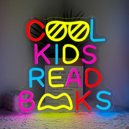 Cool Kids Read Books Neon Sign,Classroom Neon Sign Gift for Kids Teens,Reading LED Light Wall Decor for Library Reading Corner Bedroom Book Themed Party Decorations Study Room USB Powered（12.2"*12.1"） - style: Book