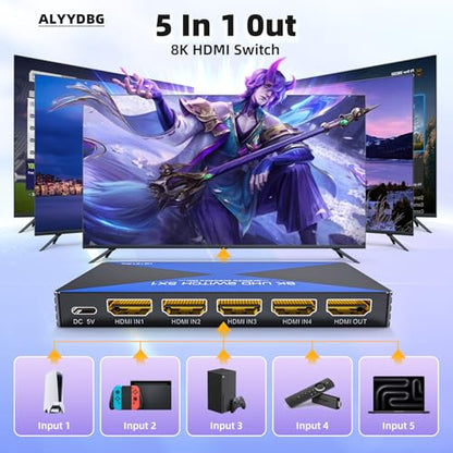 8k@60Hz HDMI 2.1 Switch 5 in 1 out, ALYYDBG HDMI Switcher Supports 4K@120Hz HDR10+ HDCP 2.3 VRR Compatible with PS5/4 Xbox Nienteen Switch Roku Fire Stick Apple TV to Connect your TV Monitor Projector - size: 5x1