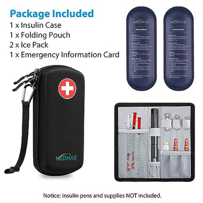 MEDMAX Hard Shell Insulin Cooler Travel Case with 2 Ice Pack, Shock Absorption Insulated Diabetic Medication Organizer Carrying Bag with Extra Pouch for Insulin Pen and Other Diabetic Supplies, Black - color: Black