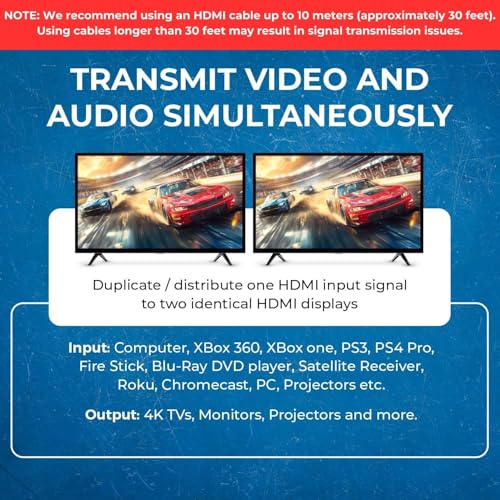 OREI 4K HDMI Splitter 1 in 2 Out - 1X2 HDMI Splitter for Dual Monitors Ultra HD 4K@30Hz with [ 2ft HDMI Cable ], 3D & 1080P Support for Xbox, PS4, Blu-ray, HDT, Will not Extend Display Screen | OREI 4K HDMI Splitter 1 in 2 Out - 1x2 HDMI Splitter for Dual