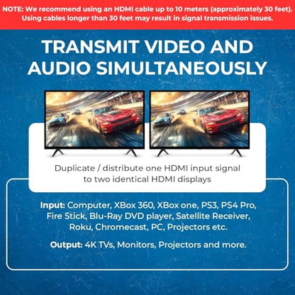OREI 4K HDMI Splitter 1 in 2 Out - 1X2 HDMI Splitter for Dual Monitors Ultra HD 4K@30Hz with [ 2ft HDMI Cable ], 3D & 1080P Support for Xbox, PS4, Blu-ray, HDT, Will not Extend Display Screen | OREI 4K HDMI Splitter 1 in 2 Out - 1x2 HDMI Splitter for Dual