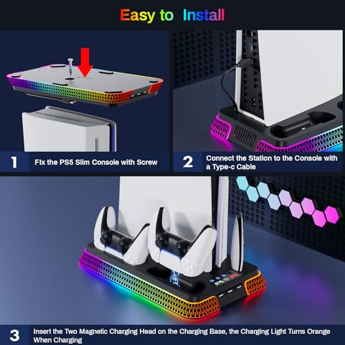 PS 5 Cooling Station, PS5/Slim/Pro Stand with Dual Charging Station for PlayStation5PRO, PS 5 Accessories Kits, Vertical Stand with 3 Levels Cooling Fan, Headset Holder for PlayStation5Digital/Disc - color: Piano-Black