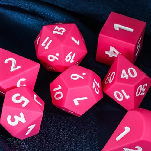 7-Piece Jumbo Silicone DND Dice Set, 25mm Oversized D&D Dice | Round Edges Soft Perfect Bouncer Compatible with Dungeons and Dragons RPG Bar Pub Club Party Games - color: Pink W/White Numbers
