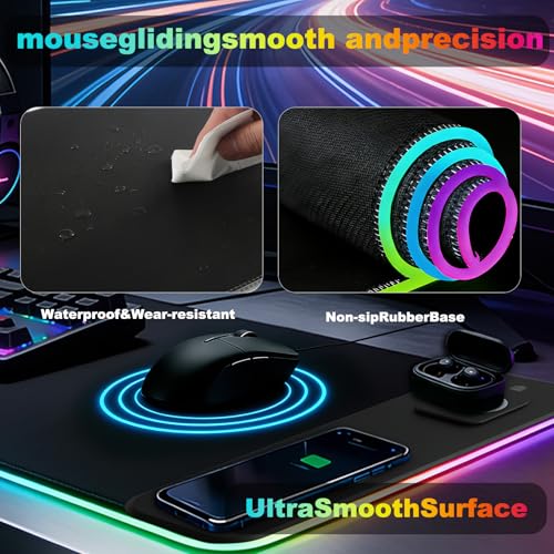 Gaming RGB Mouse Pad Wireless Charging XXL Desk Mat for Keyboard 15w Fast Charger 11 Led Light Modes Non-Slip Large Office Desk Pads on Top of Desks