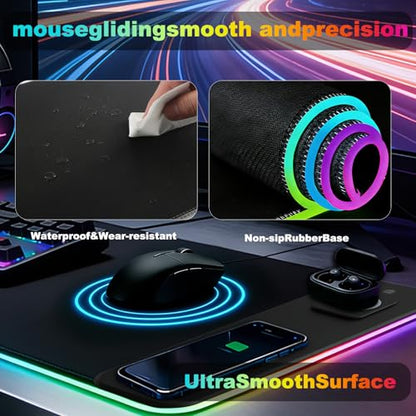 Gaming RGB Mouse Pad Wireless Charging XXL Desk Mat for Keyboard 15w Fast Charger 11 Led Light Modes Non-Slip Large Office Desk Pads on Top of Desks