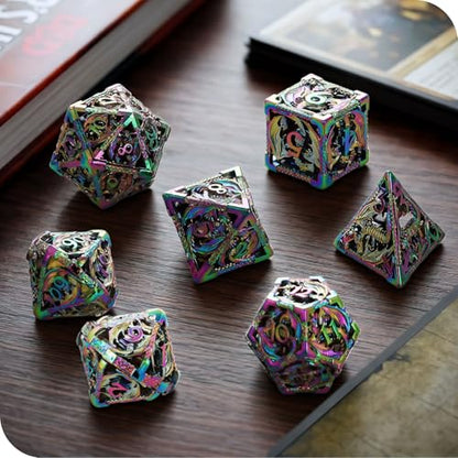 MoKo Dragon Hollow Metal DND Dice Set, Mixed Color | 7 Pcs Polyhedral, D20 D12 D10 D8 D6 D4, For Dungeons and Dragons RPG Games, With Gift Box - color: 4 - Mixed Color