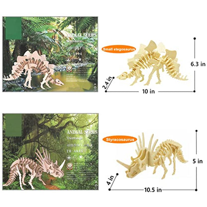 3D Wooden Dinosaur Puzzle - 6 Piece Set Wood Dinosaur Skeleton Model Puzzle - DIY Wooden Crafts 3D Puzzle - STEM Brain Teaser Puzzle Gifts - style: Dinosaur 6 model