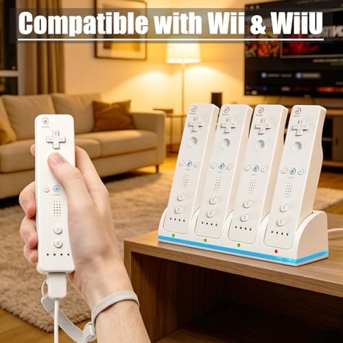 Kits Compatible with Wii Remote Charger with 4Pcs Rechargeable Battery Pack | Charging Station Dock + 4Pcs Batteries + Wall Adapter, Fit for Wii/Wiiu Game Controller, Not Include Controller