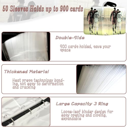 Soccer Card Binder - 900 Capacity 9-Pocket Trading Card Album, 3 Ring Card Holder Binder, Waterproof PU Leather, Zip Closure, Perfect Christmas Birthday Gift for Kids & Collectors - size: 900 Pockets Soccer
