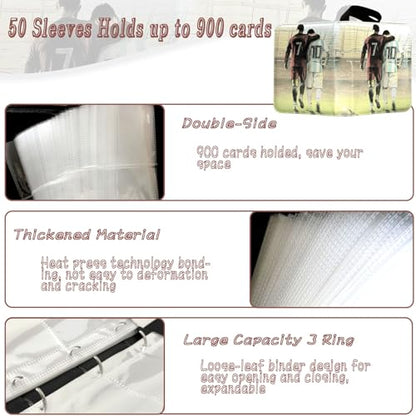 Soccer Card Binder - 900 Capacity 9-Pocket Trading Card Album, 3 Ring Card Holder Binder, Waterproof PU Leather, Zip Closure, Perfect Christmas Birthday Gift for Kids & Collectors - size: 900 Pockets Soccer