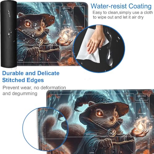 for MTG/TCG Playmat with Zones, 24 x 14 inches Trading Card Playmat with A Storage Bag and 6 Dice, Non-Lip Rubber Bottom Game Desk Mat, Squirrel Wizard in The Forest - color: Yux-playmats-2-3A-259