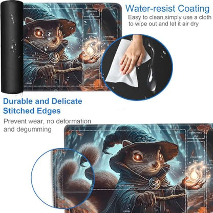 for MTG/TCG Playmat with Zones, 24 x 14 inches Trading Card Playmat with A Storage Bag and 6 Dice, Non-Lip Rubber Bottom Game Desk Mat, Squirrel Wizard in The Forest - color: Yux-playmats-2-3A-259